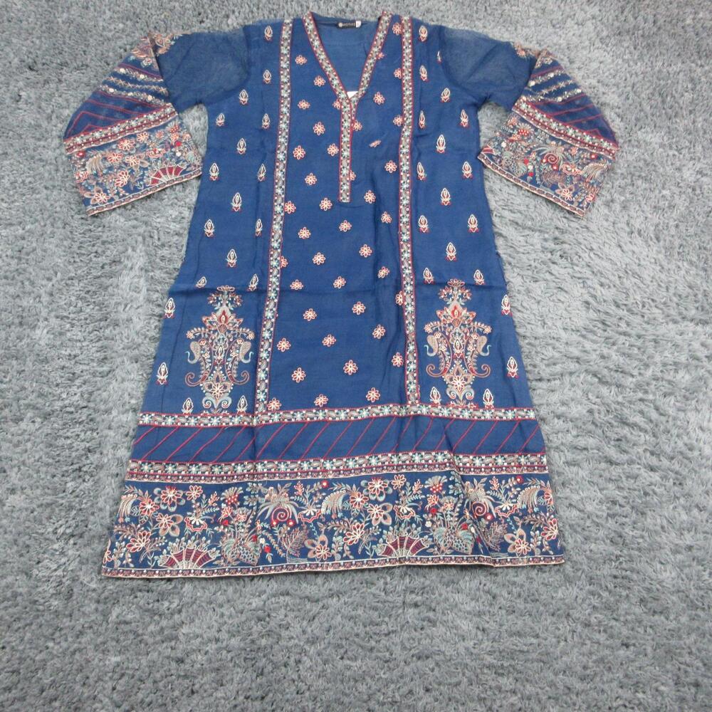 MOTIFZ 3 Piece Set Womens L Blue Embroidered Sequin V-Neck Kurta Pants Dupatta - Picture 6 of 16